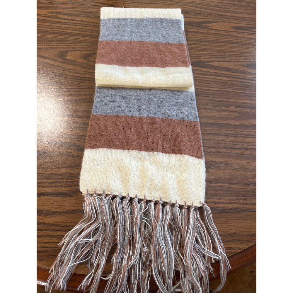 Sears cream grey brown striped scarf with fringe